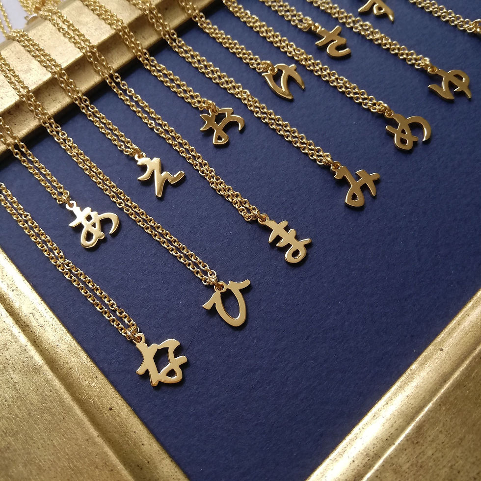 Thumbnail: Gold Japanese letter, Hiragana necklaces laying on the navy panel with gold frame