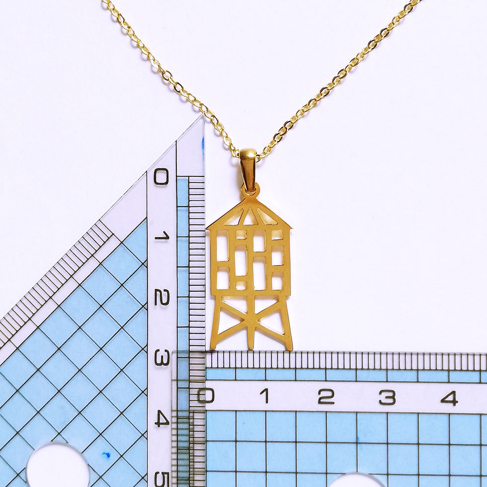 Thumbnail: two rulers showing the size of gold water tower silhouette necklace