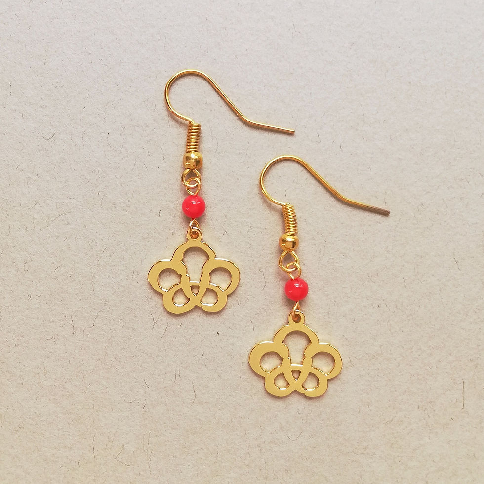 サムネイル： Gold plum earrings designed with Japanese word that means plum. Free hanging with red bead from ear wire.