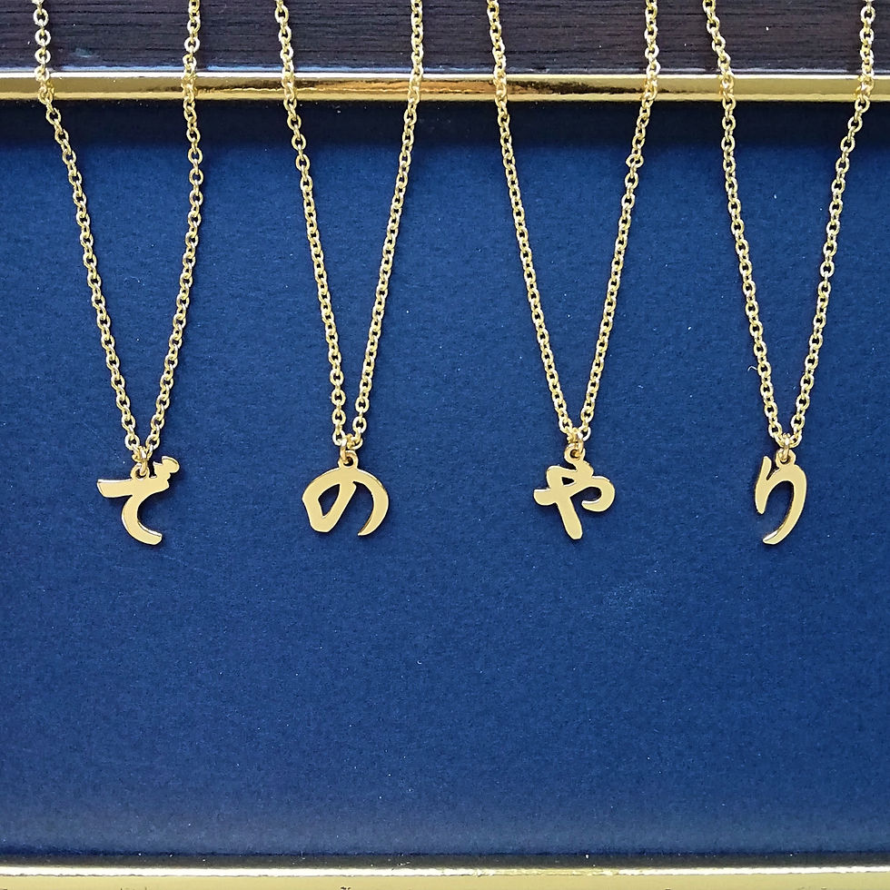サムネイル： Gold Japanese letter, Hiragana necklaces laying on the navy panel with gold frame