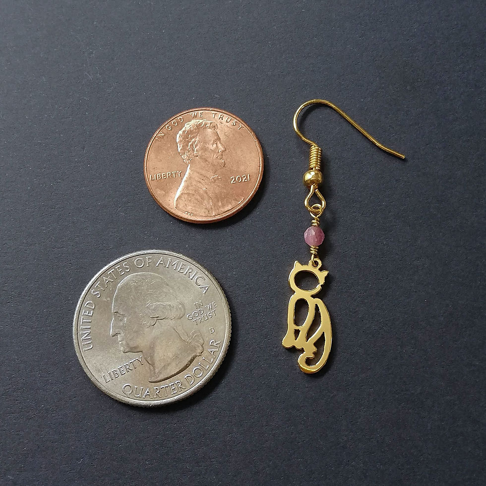 Thumbnail: Gold cat shape earring on black surface with penny and quarter coins.
