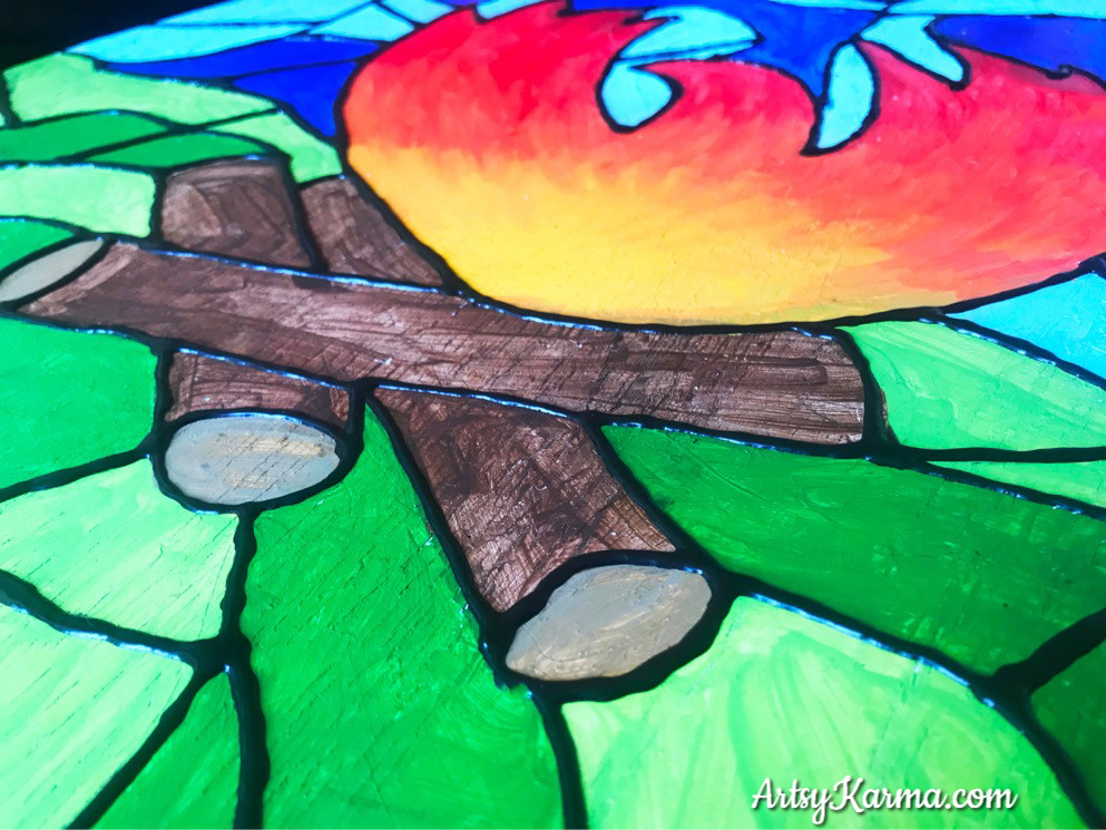 camp fire design outlined in puffy paint