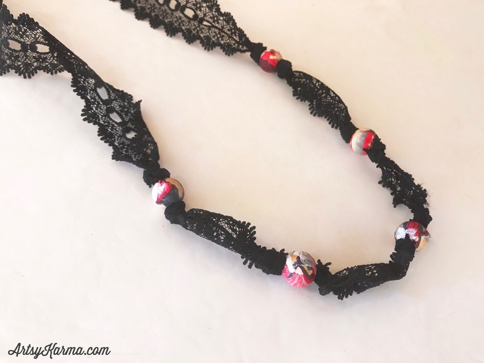knotted lace and marbled bead necklace