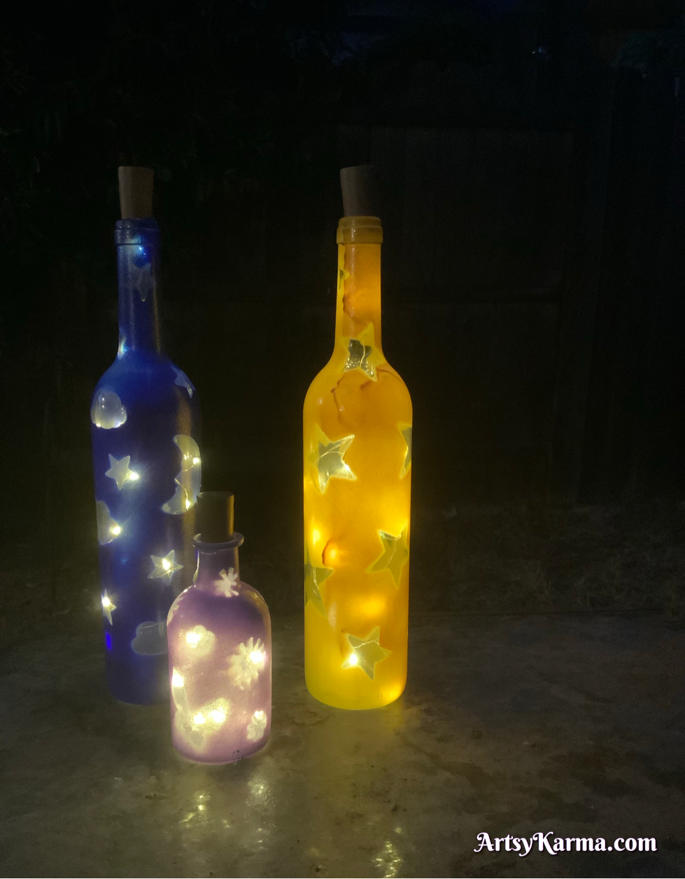 Lights inside a decorated wine bottle diy