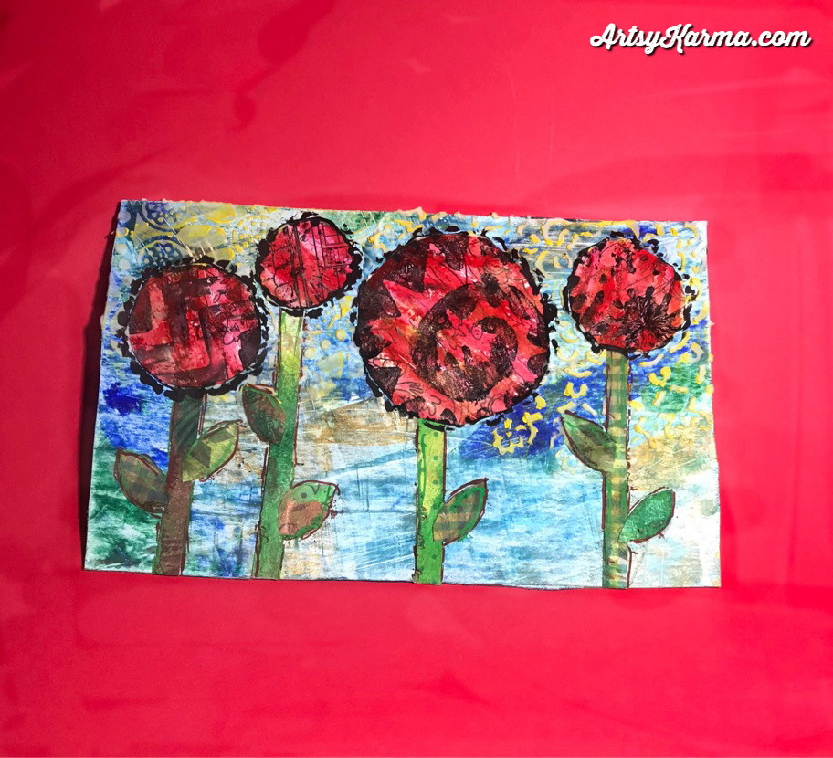 mixed media postcard using Credit card painting technique