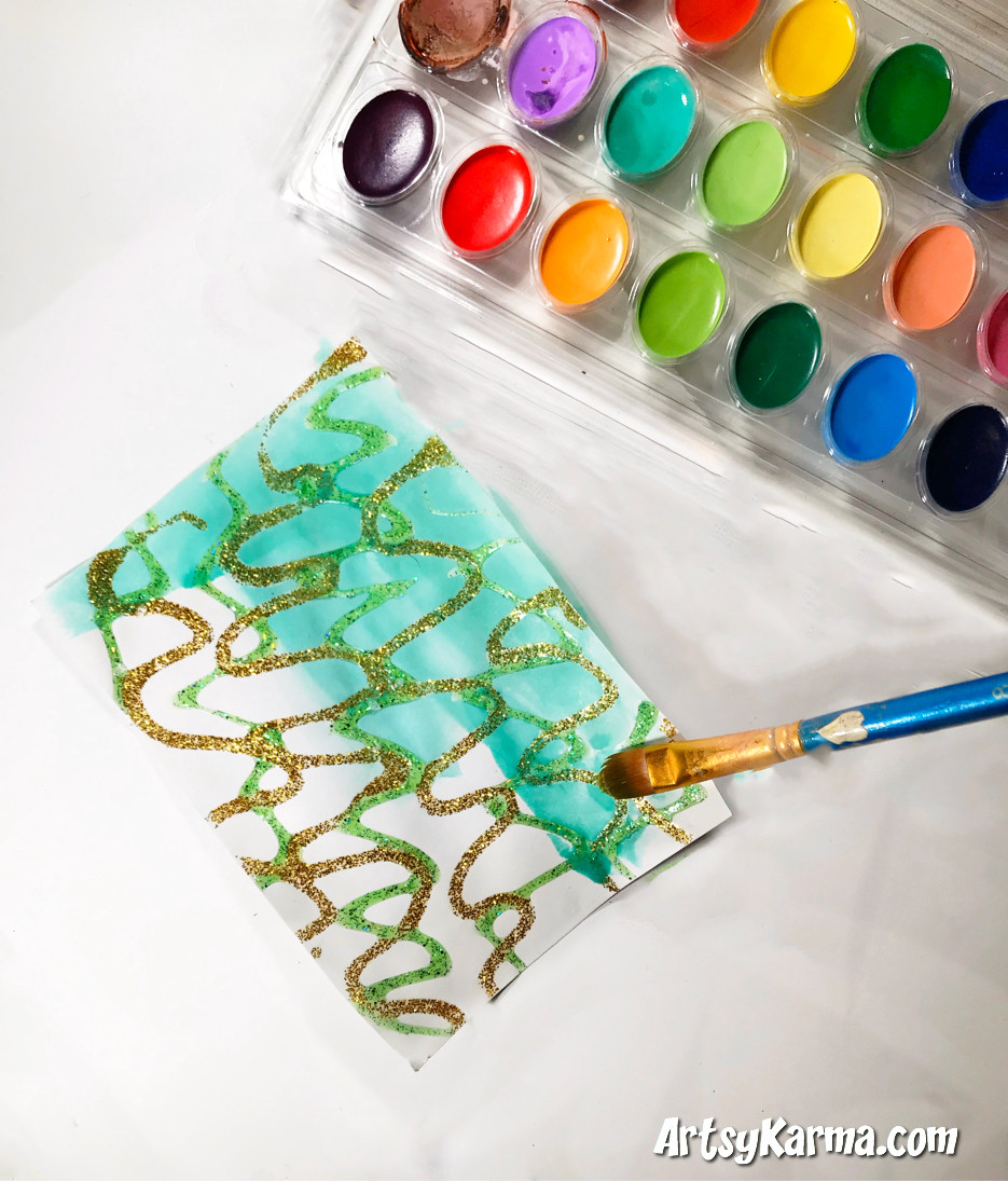 paint watercolor on glitter glue