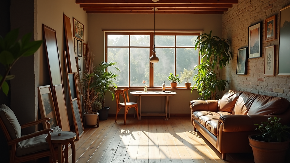 Eye-level view of a cozy workshop space with comfortable seating and warm lighting