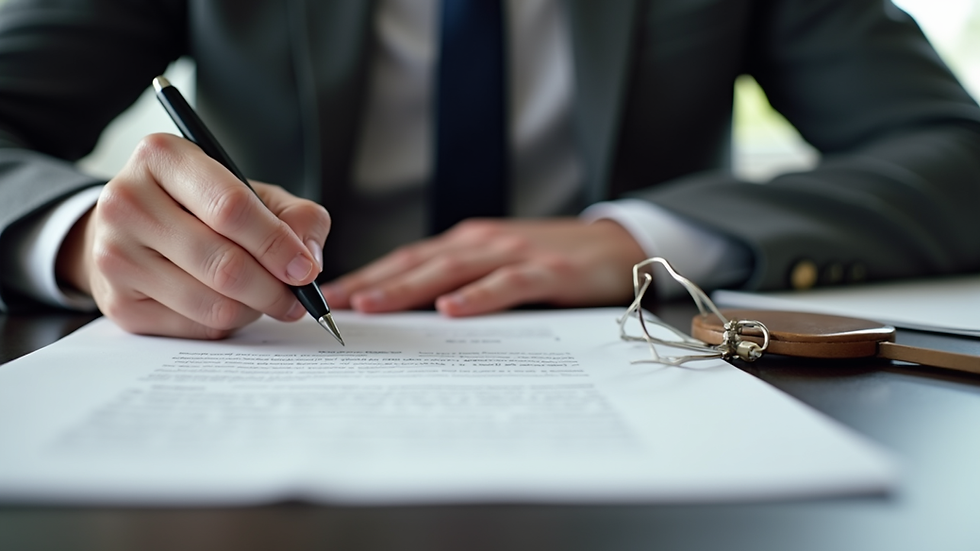 Close-up view of a person writing a legal document
