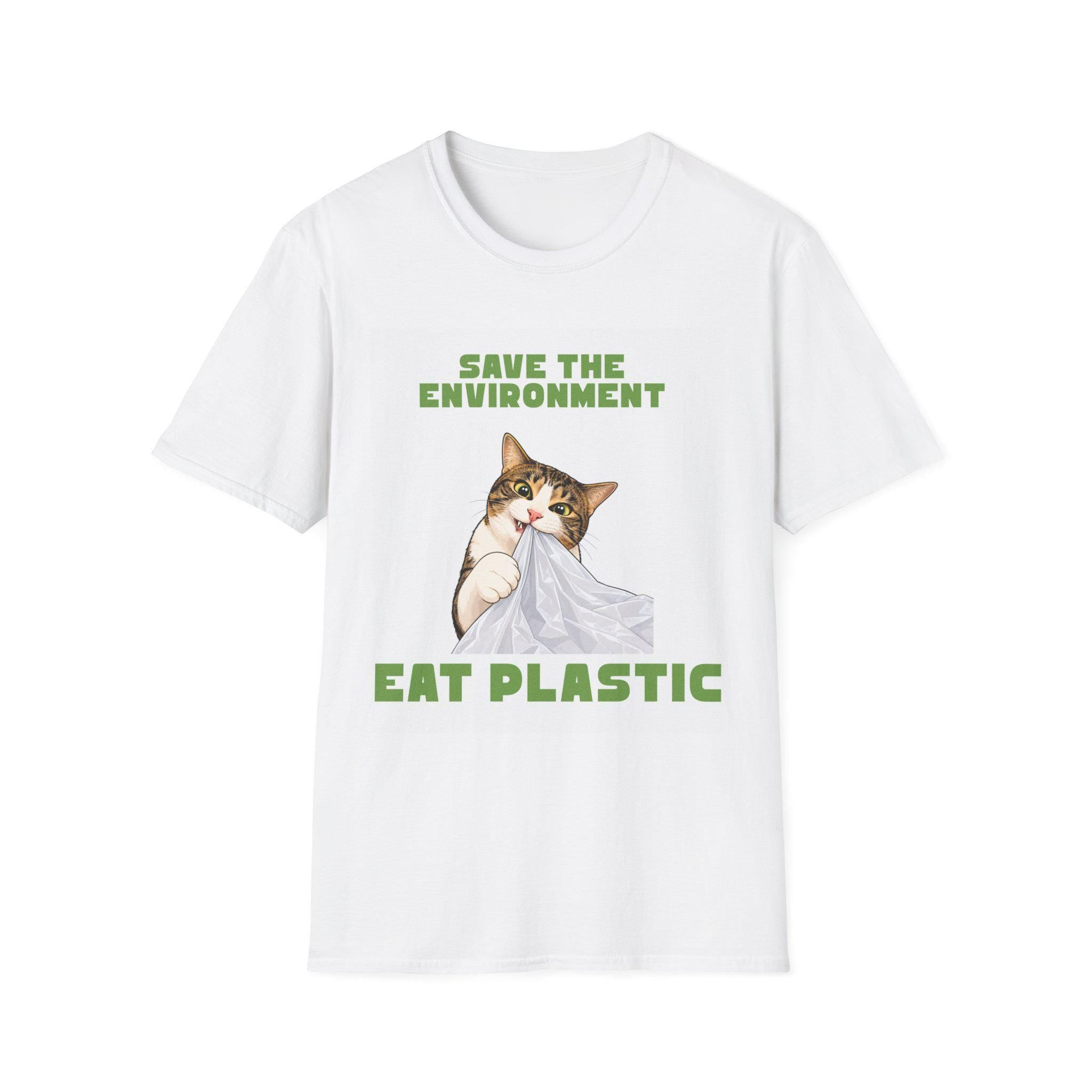 Save the Environment, Eat Plastic Cat Shirt | Funny Cat Meme Tee | Eco Humor Shirt | Cartoon Cat Graphic Tee | Cat Lover Gift