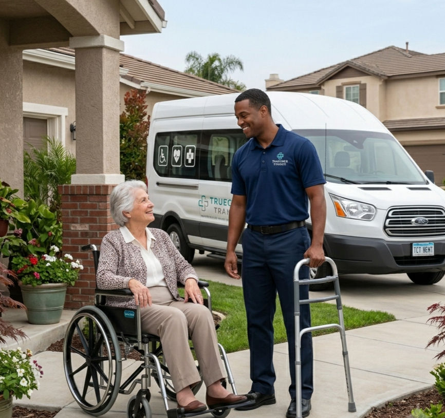 True Care Transit Employee Helping Patient Into Wheelchair