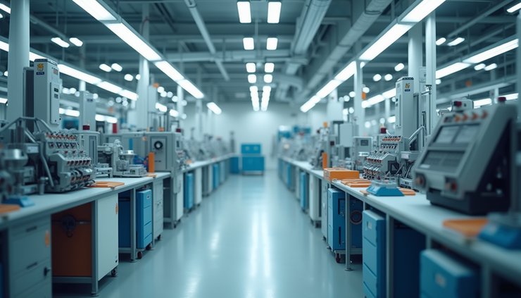 Eye-level view of a manufacturing unit with medical devices on assembly lines