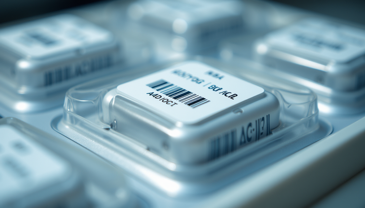 Eye-level view of a medical device packaging with a clear UDI barcode label