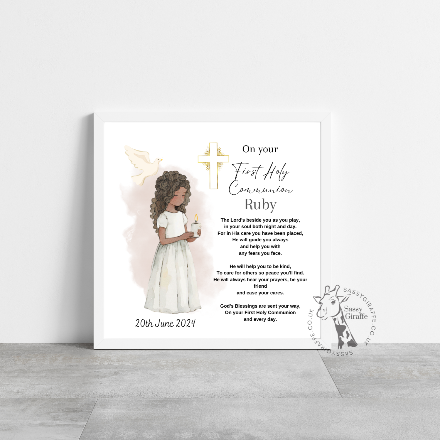 Personalised Girls First Holy Communion Frame Dark Skin Tone and Dark Hair