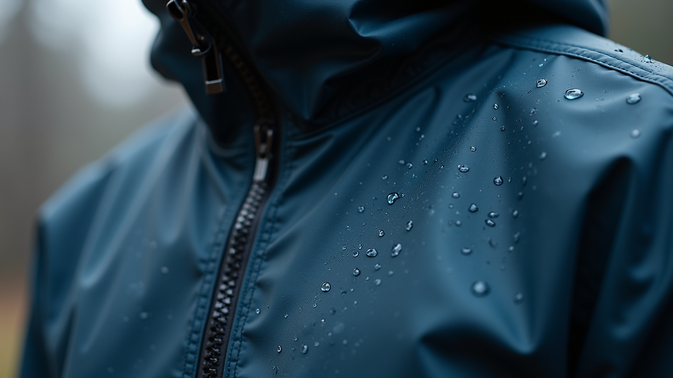 Close-up view of waterproof jacket fabric with water droplets