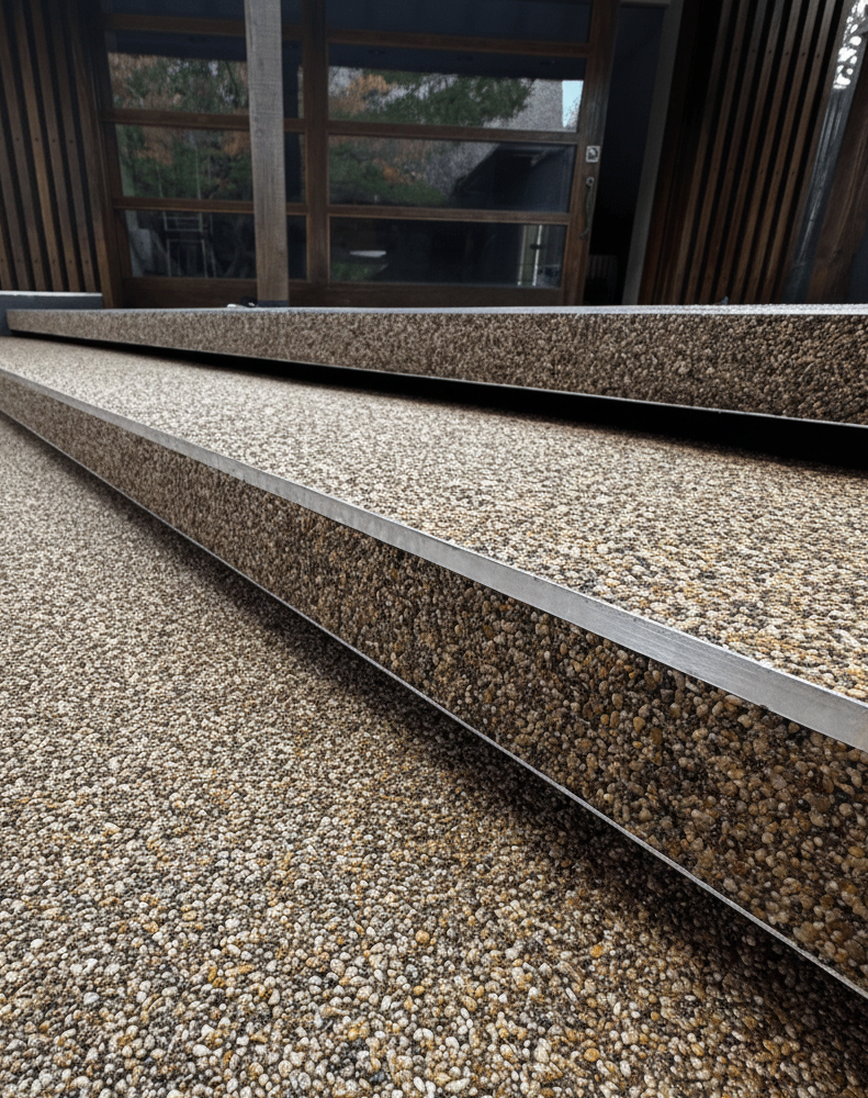 Close-up diagonal view of resin-bound aggregate steps with metal edge trims, in front of a modern wood and glass building, square crop.