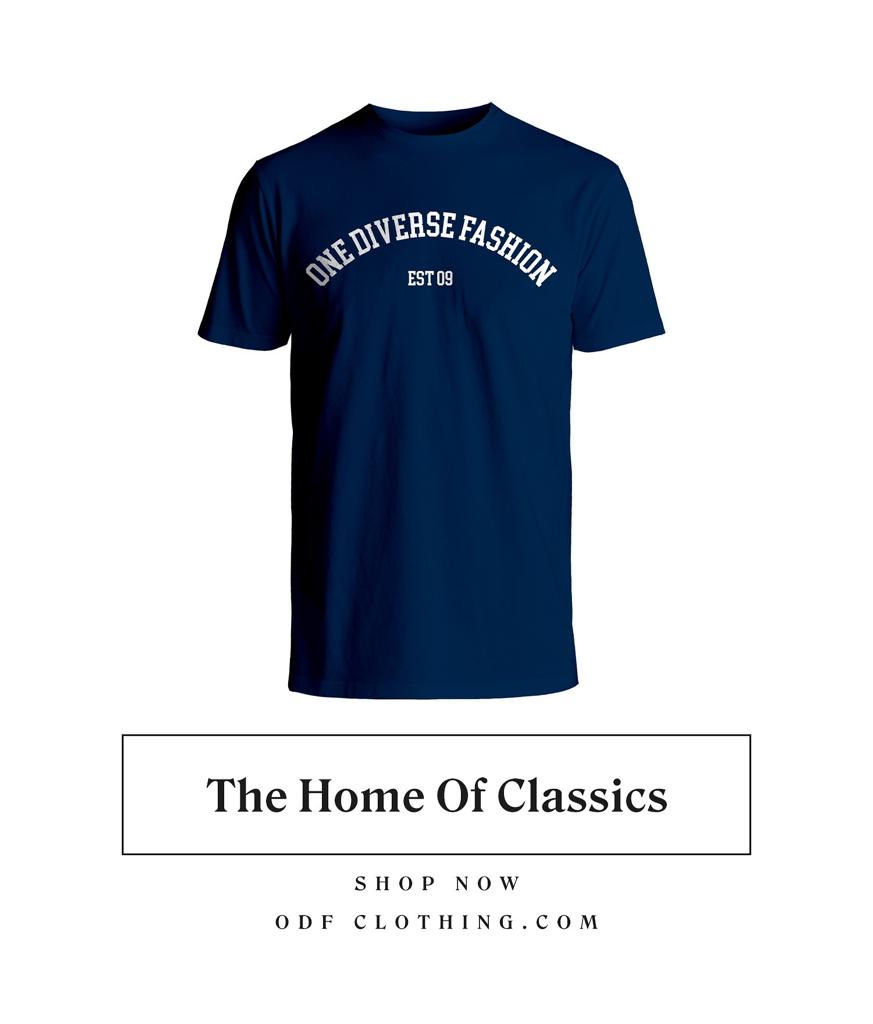 Thumbnail: A navy blue crew neck t-shirt with a One Diverse Fashion slogan in white across the chest.