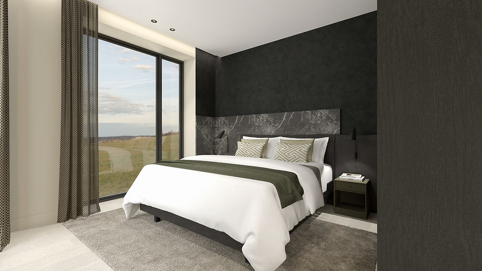 Slaapkamerontwerp in het concept Black Impact met donkere texturen, grafische lijnen en een luxe, ingetogen sfeer door NINETY EIGHT Interior Design.