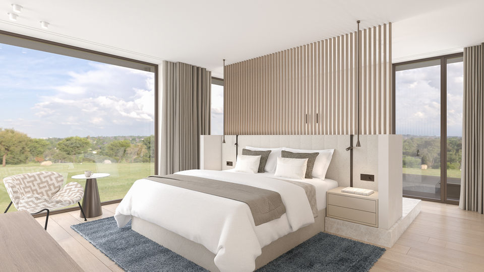 Mainsuite in villa Aalsmeer met op maat gemaakt hoofdbord, zachte stoffering en een serene, elegante sfeer, ontworpen door NINETY EIGHT Interior Design.