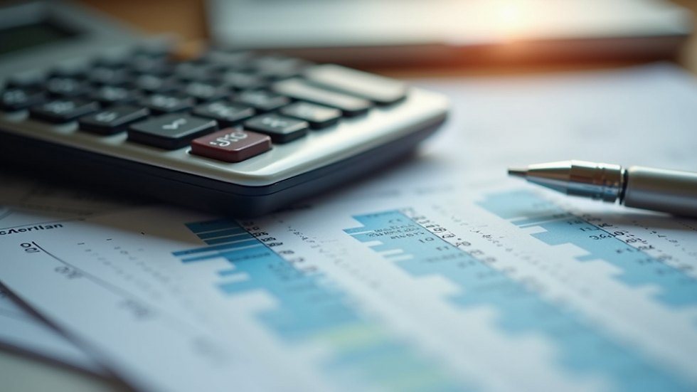 Close-up view of a calculator and financial documents on a desk