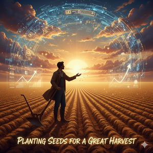 A farmer stands in a golden field at sunrise, sowing seeds. Above him, a futuristic digital sky with AI neural networks and financial symbols represents innovation and growth.