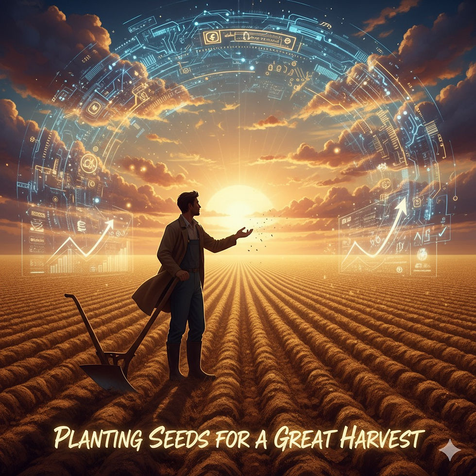 A farmer stands in a golden field at sunrise, sowing seeds. Above him, a futuristic digital sky with AI neural networks and financial symbols represents innovation and growth.