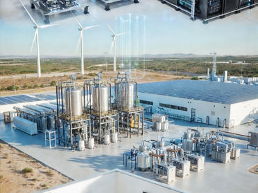 Data center powered by renewable energy and AI infrastructure in the background
