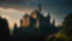 Eye level view of a dramatic, shadowy castle in dim light