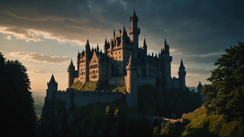Eye level view of a dramatic, shadowy castle in dim light