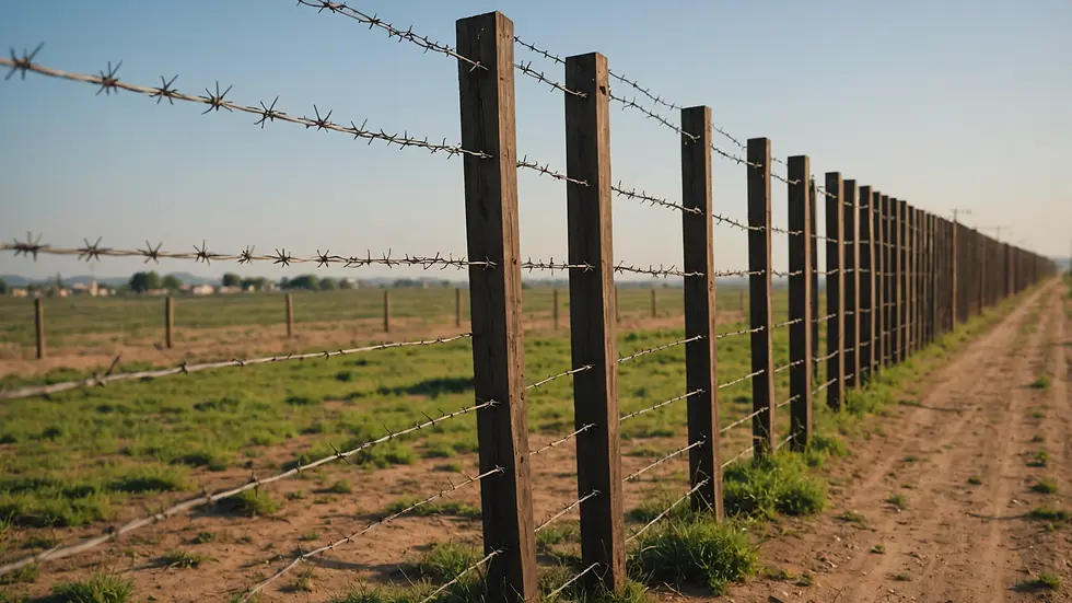 Close-up view of a border wall with barbed wire fence