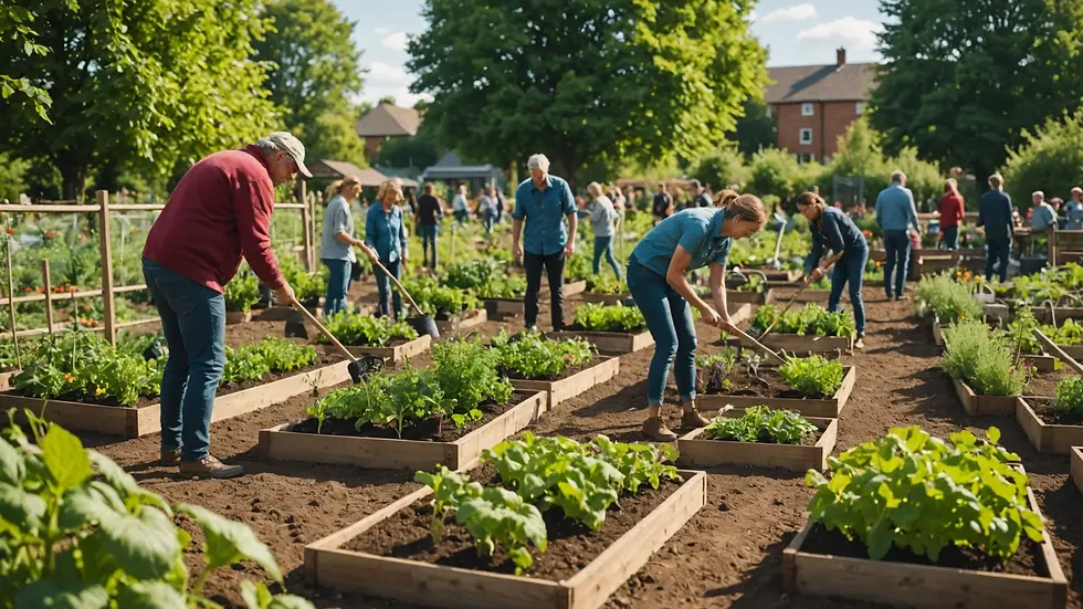 Eye-level view of a community garden with people engaged in planting.