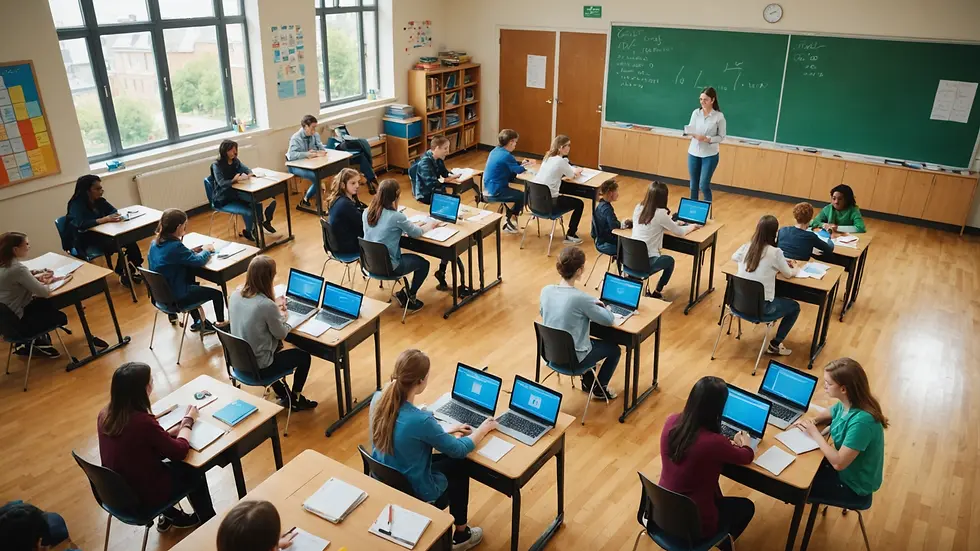 High angle view of vibrant classroom setting with students engaged in learning.