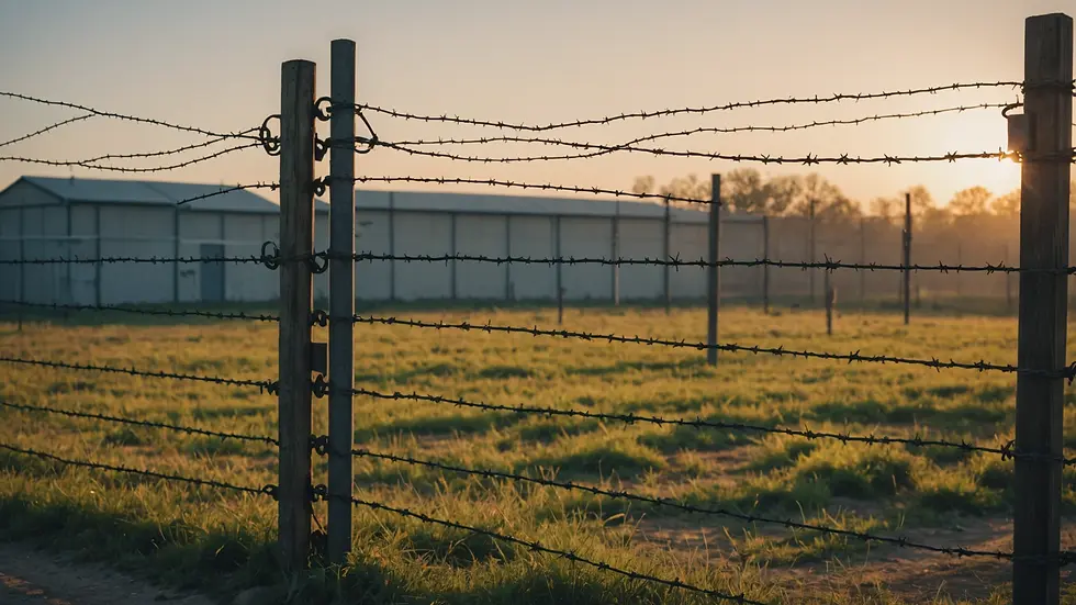 Eye-level view of a barbed-wire fence surrounding a military base
