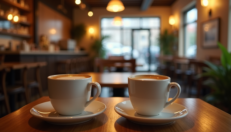 Eye-level view of a cozy coffee shop table set for two
