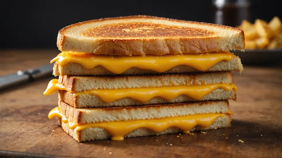 Close-up view of a grilled cheese sandwich cut diagonally