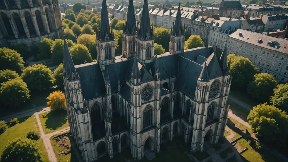 High angle view of an abandoned gothic cathedral evoking a sense of mystery