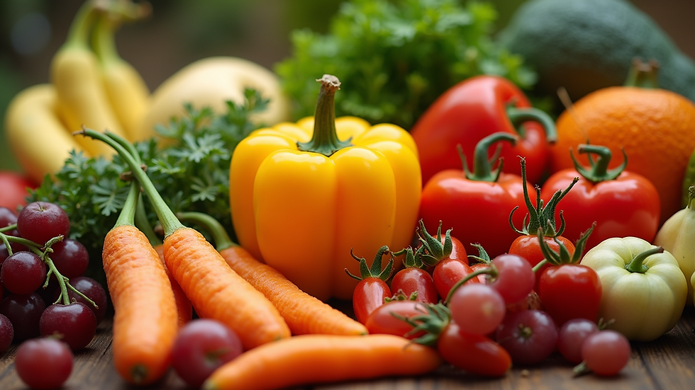Close-up view of a colorful assortment of seasonal fruits and vegetables
