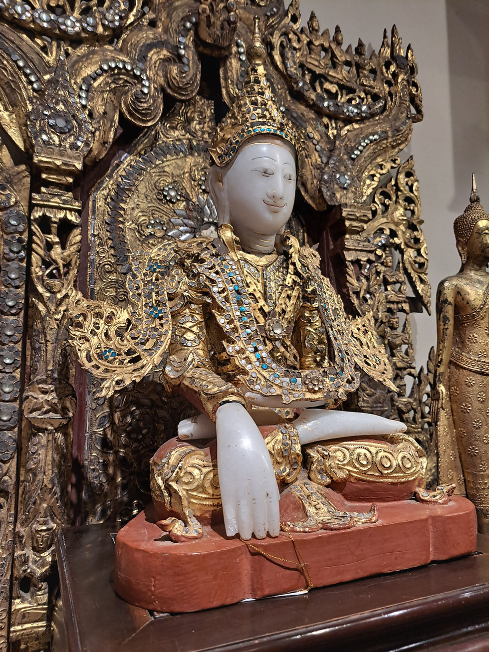 Thumbnail: BURMESE WOOD & MARBLE SEATED CROWN BUDDHA,18th CENTURY,MANDALAY PERIOD.