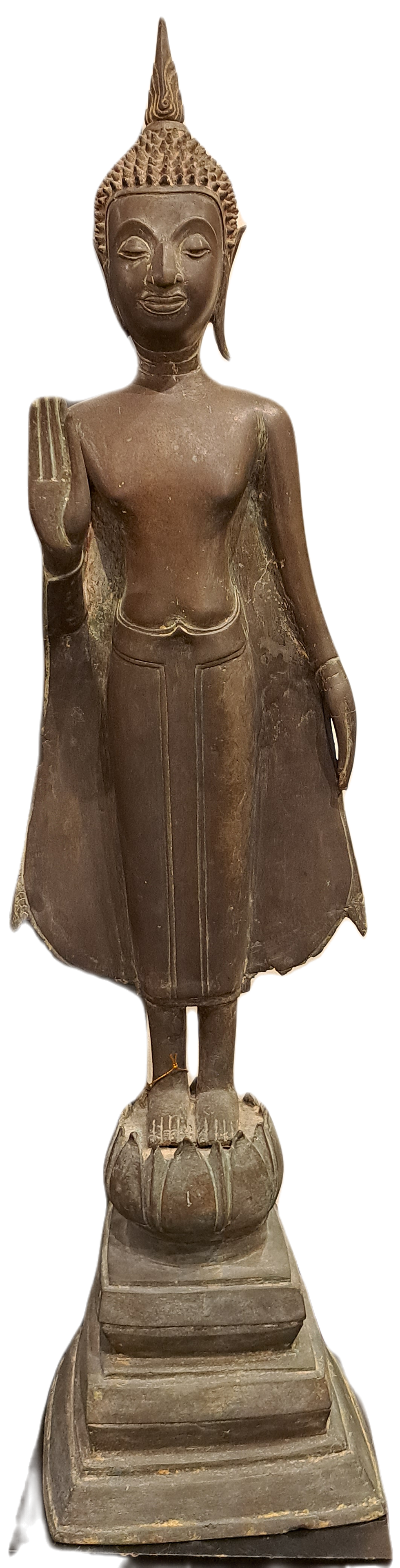 THAI BRONZE STANDING BUDDHA WITH THE LOTUS BASE,17th CENTURY, AYUTHAYA PERIOD.