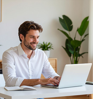 Man happily working in minimalist office