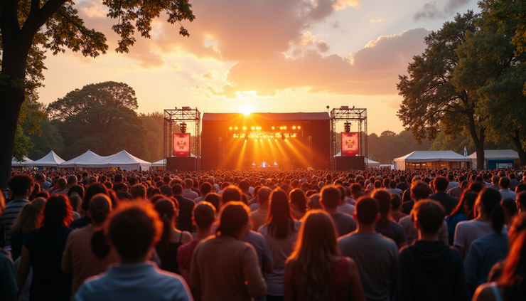 Eye-level view of Exhibition Park in Newcastle set up for a summer music festival