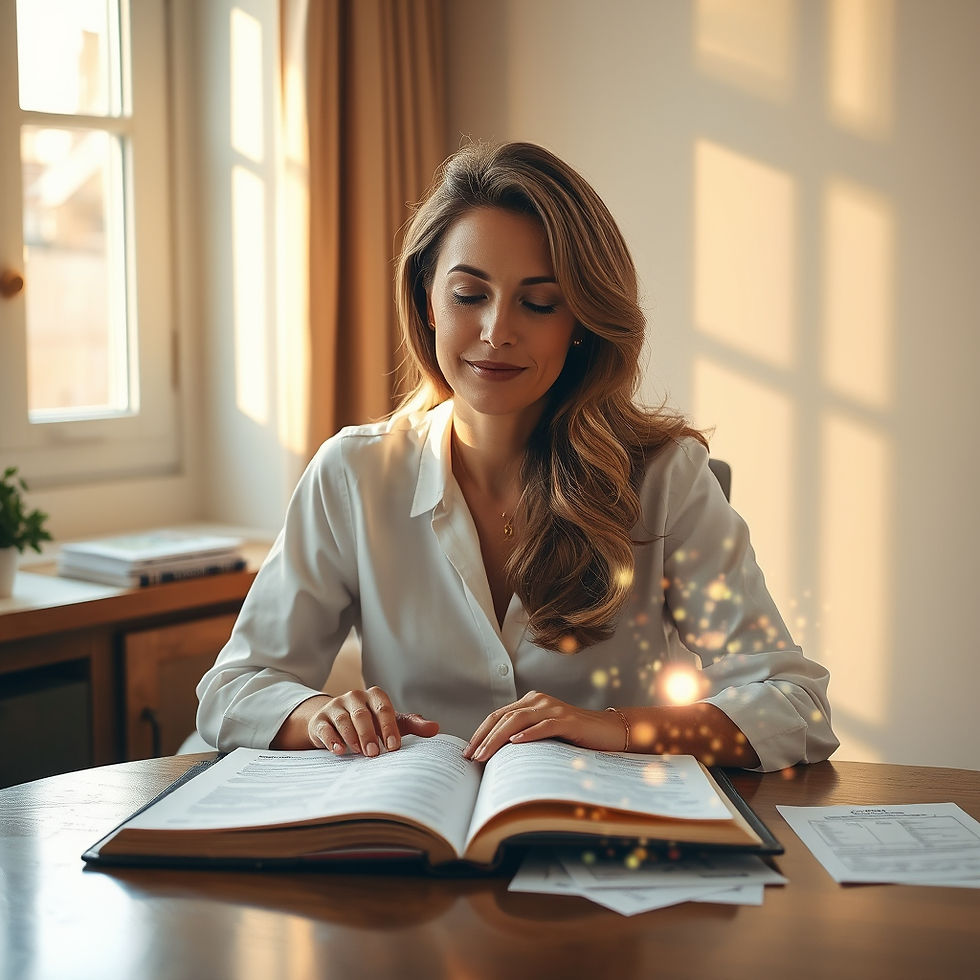 A woman peacefully reads the bible at a sunlit table, surrounded by gentle, magical sparkles in a calm room.