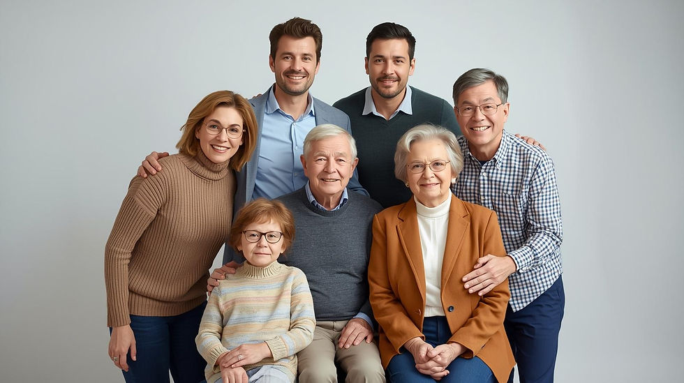A joyful family portrait capturing three generations together in a warm, welcoming setting, depicting generational financial patterns
