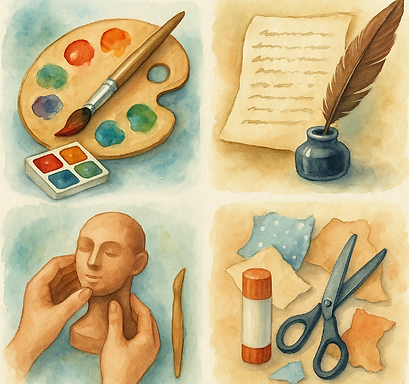 Peinture, argile, collage et sable sont des médiums d’expression en art-thérapie.