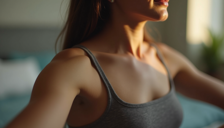 Close-up view of a person gently tensing and relaxing shoulder muscles
