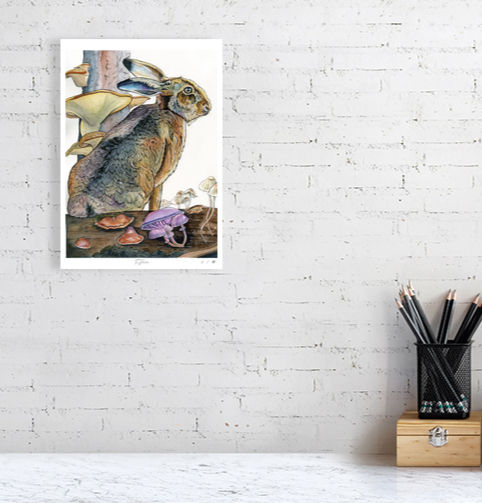 Thumbnail: A Little Less - Original watercolour and ink painting of a woodland hare sitting next to purple mushrooms by Tracy Christina
