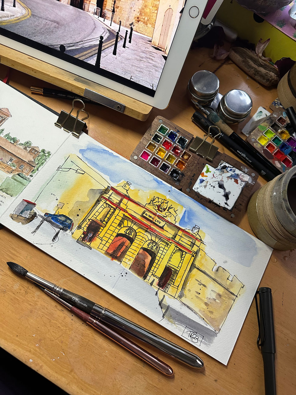 Watercolour and ink sketchbook painting of a building in Malta