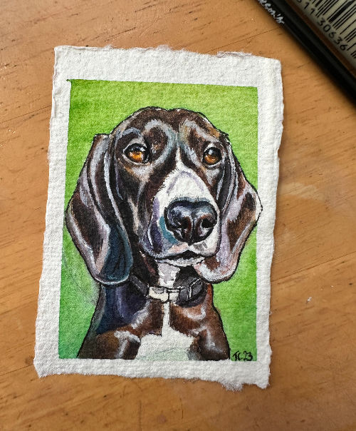 Miniature watercolour and gouache pet portrait of a beautiful hound dog