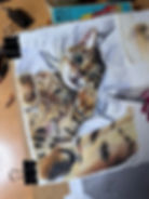 Watercolor painting of a tabby cat on paper, with a brush at the edge, clipped to a desk beside art supplies and a book.