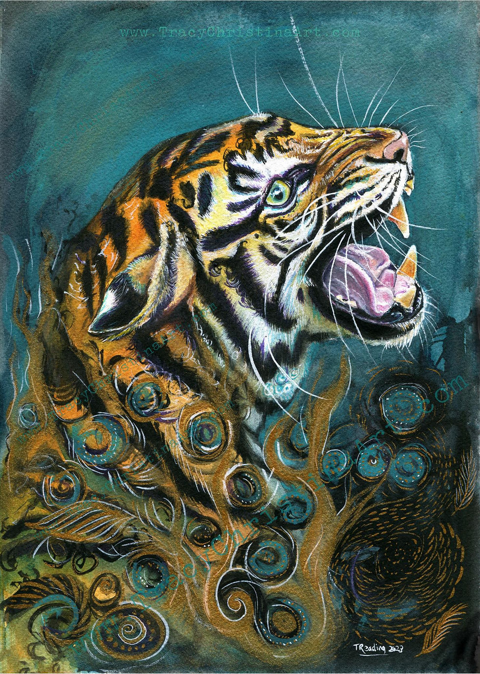 Watercolour painting of a powerful tiger roaring
