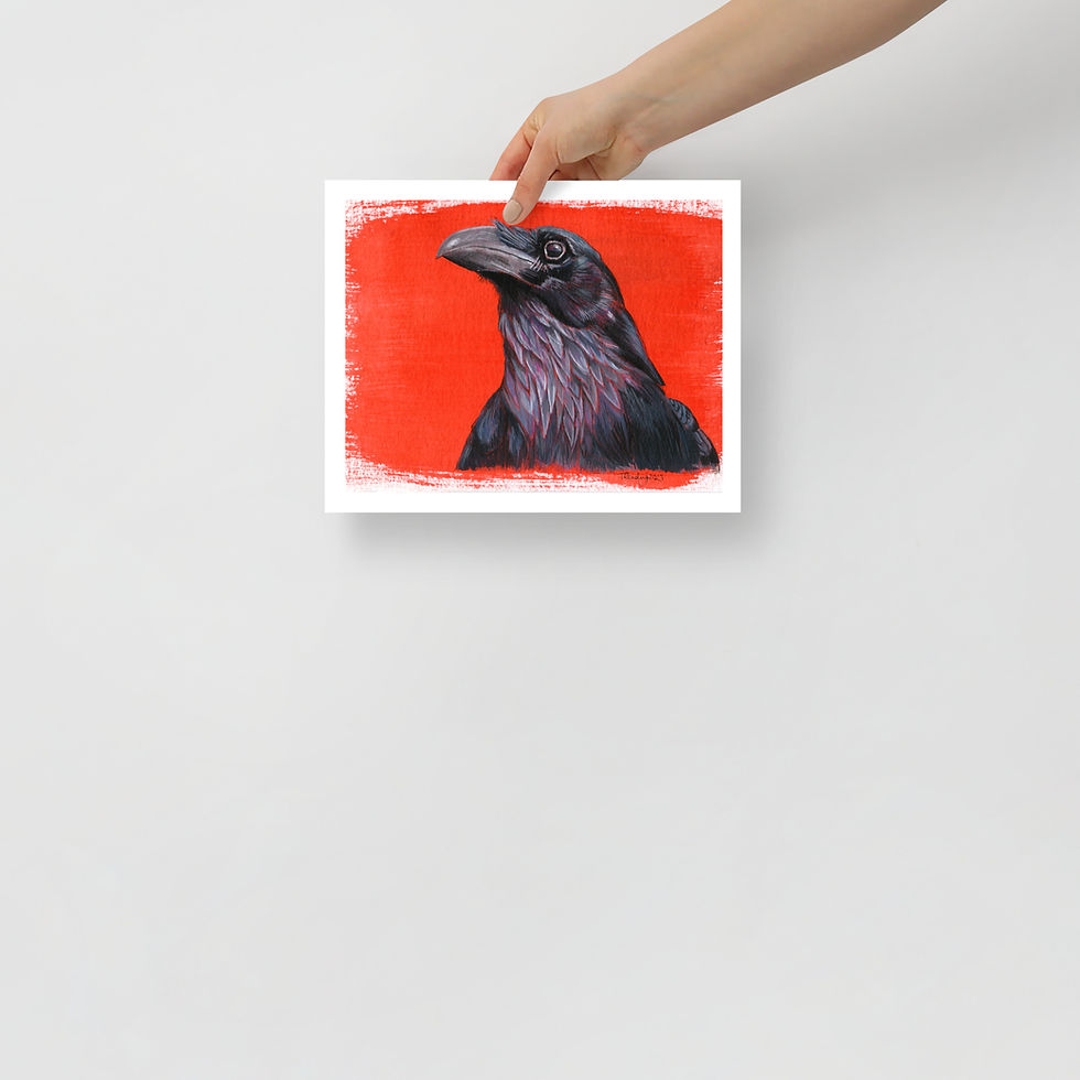 Thumbnail: Scarlet Crowhansson - Highly detailed watercolour portrait of a black crow gazing upwards against a bold, textured scarlet re